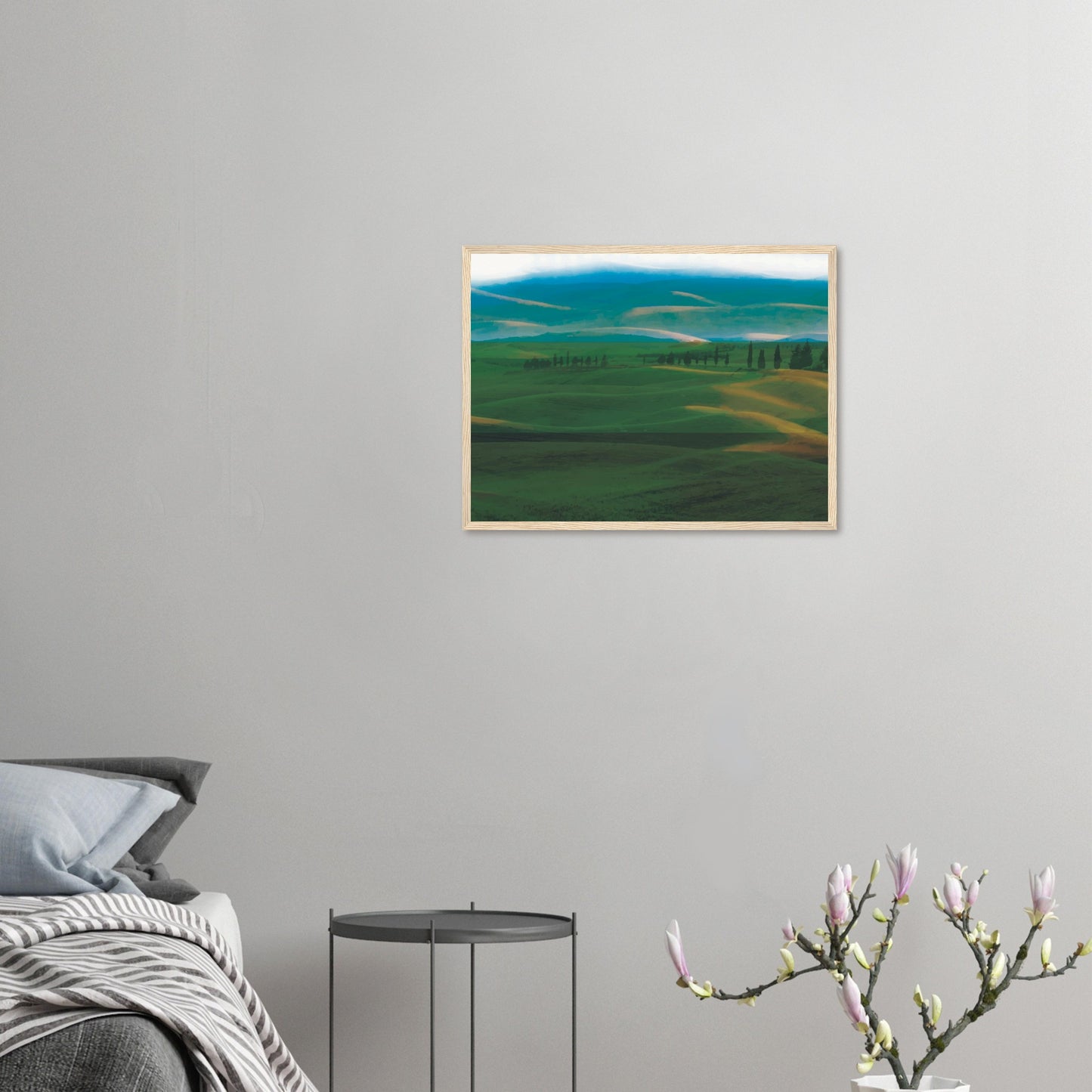 Artwork of rolling green hills and tall trees in soft golden light, evoking calm and quiet.