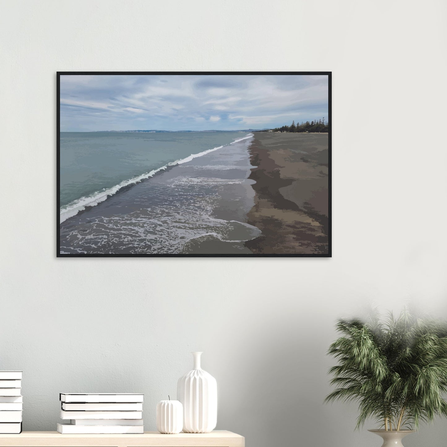 Gentle waves roll onto the dark sand, stretching endlessly into the distance under a softly clouded sky. Hints of pine trees and distant land complete the scene
