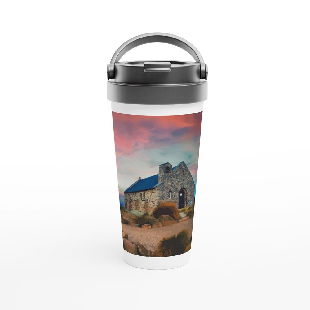 Designer stainless steel travel mug with artwork by NZ designer