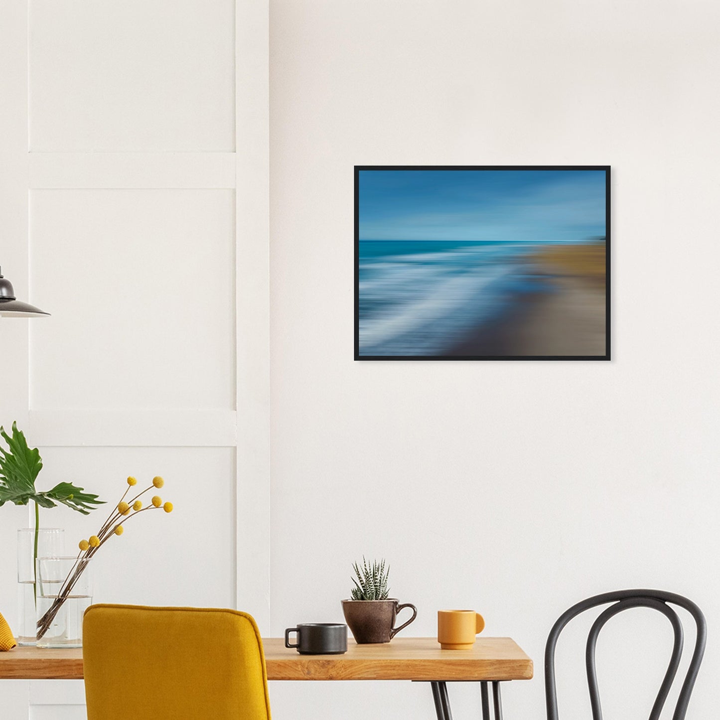 ‘Ocean breeze’ captures the movement of waves and shoreline in a beautifully blurred perspective, creating a dreamlike seascape of blues, teals, and sandy browns.
