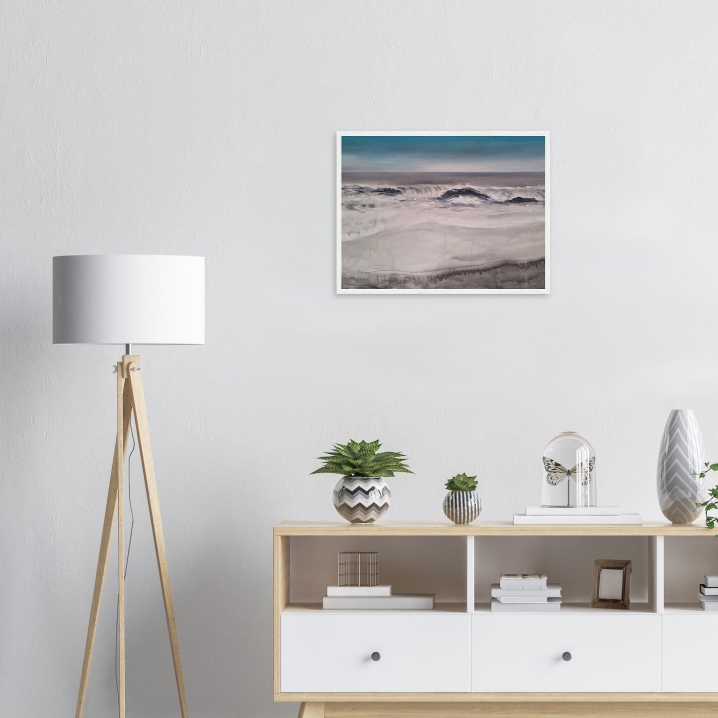 Moody seascape of waves breaking along Marine Parade in Hawke’s Bay, painted in muted greys and blues.