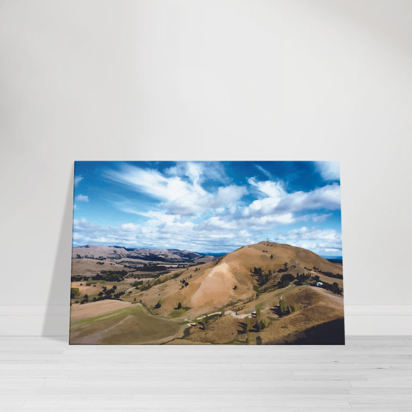 Artwork of Tauweru’s rolling hills under a bright sky, capturing the warmth and openness of the Wairarapa landscape.
