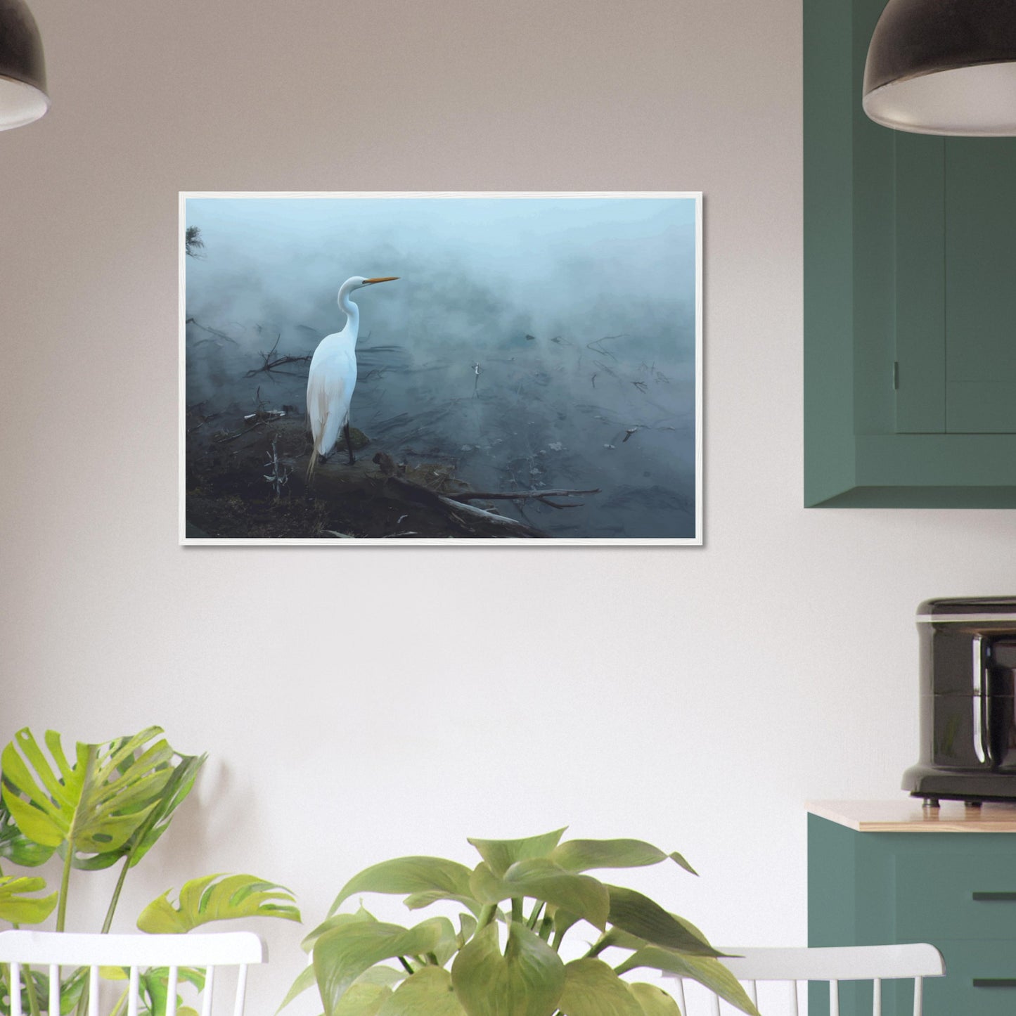'Grace in the mist' captures the graceful presence of the Kōtuku (white heron) standing still on the edge of a steaming geothermal pool.