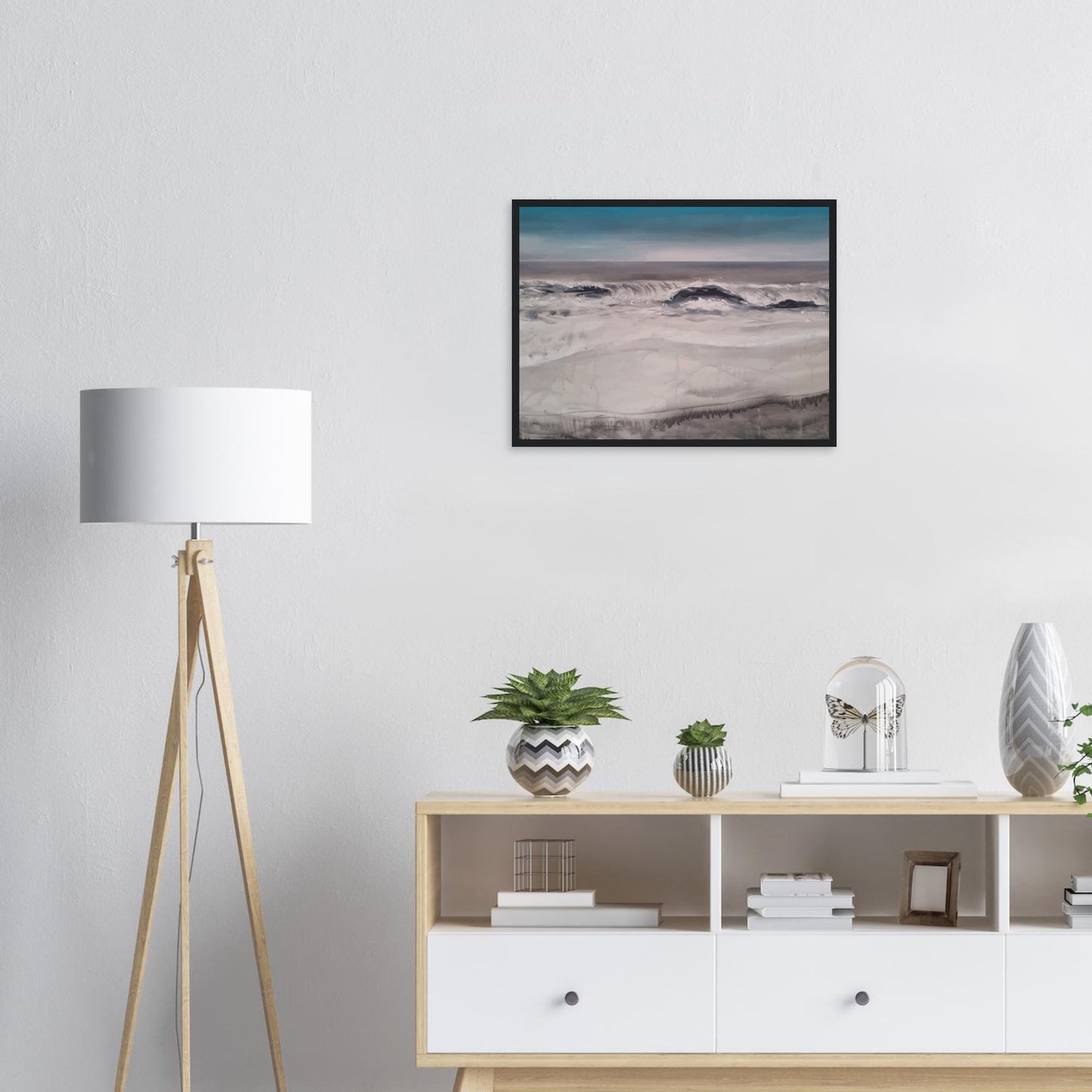 Moody seascape of waves breaking along Marine Parade in Hawke’s Bay, painted in muted greys and blues.