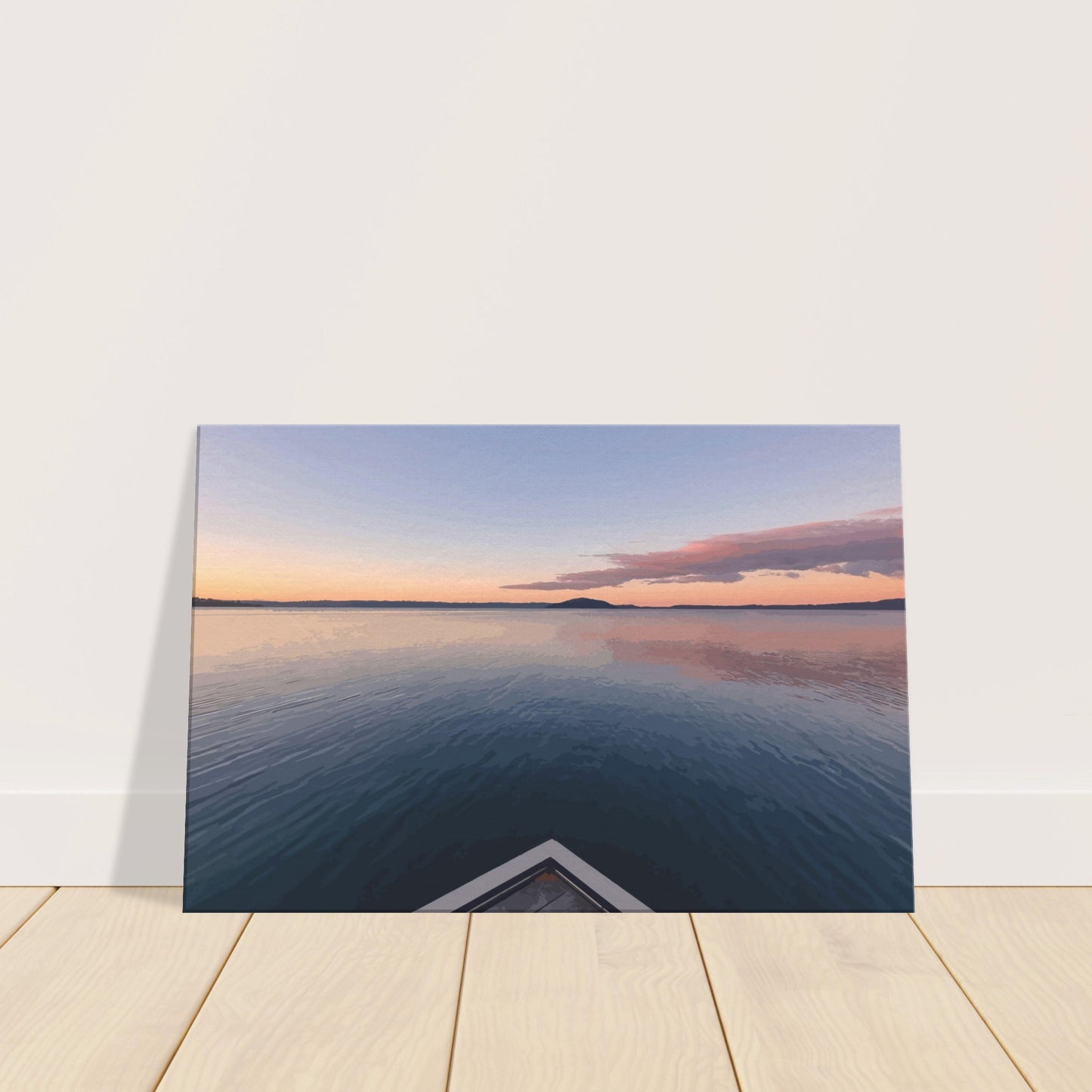 View from jetty over calm Lake Rotorua at sunset in the peaceful artwork Edge of Stillness by NZ designer Ben Hart.