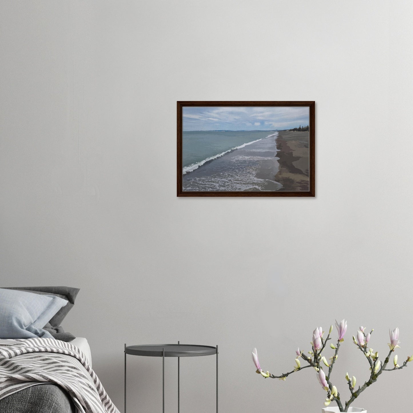 Gentle waves roll onto the dark sand, stretching endlessly into the distance under a softly clouded sky. Hints of pine trees and distant land complete the scene