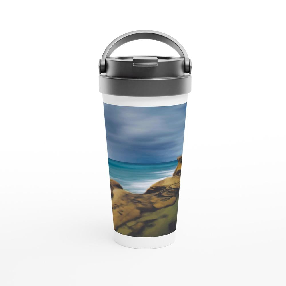 Designer stainless steel travel mug with artwork by NZ designer