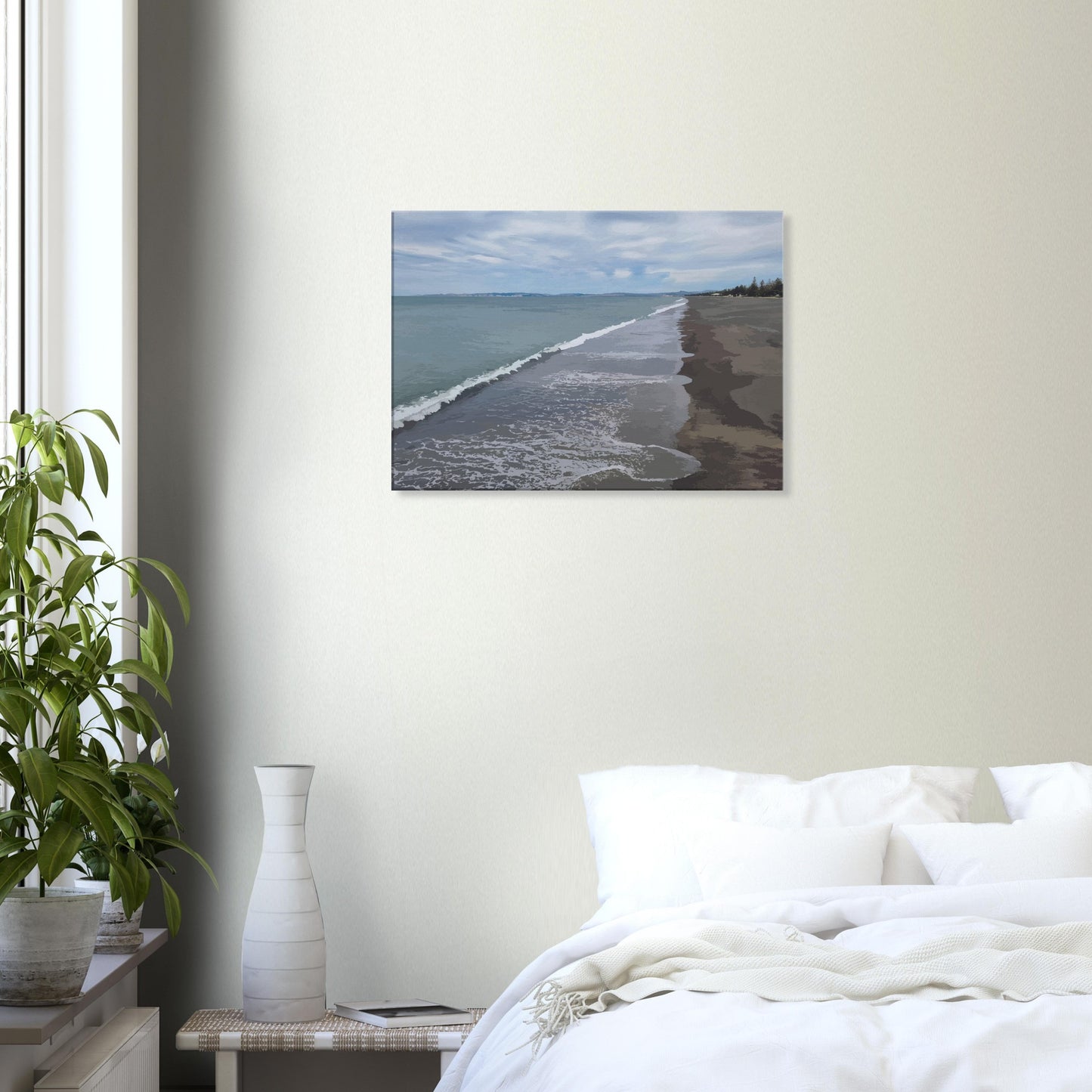 Gentle waves roll onto the dark sand, stretching endlessly into the distance under a softly clouded sky. Hints of pine trees and distant land complete the scene