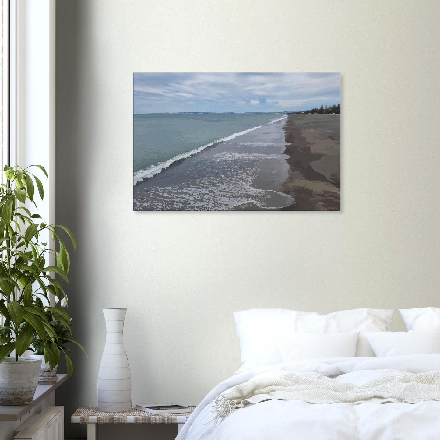 Gentle waves roll onto the dark sand, stretching endlessly into the distance under a softly clouded sky. Hints of pine trees and distant land complete the scene
