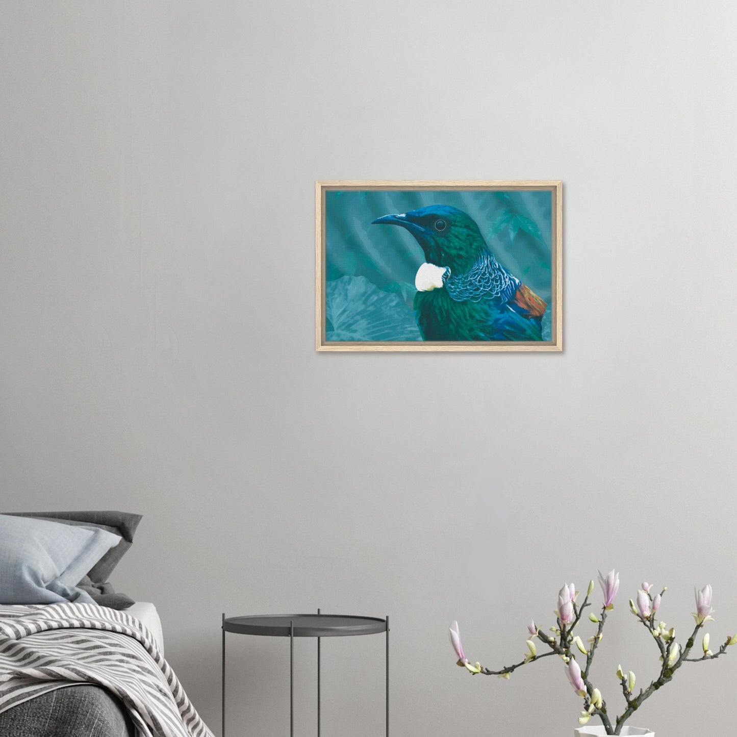 With rich teal and emerald hues and the tūī’s signature white throat tufts, the artwork evokes the dappled light of the forest and the bird’s melodic presence among the trees.