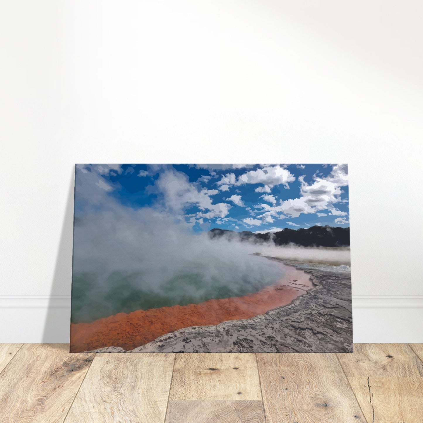 Steaming geothermal pool with bright sky and vivid orange rim in Enchanted Waters by NZ designer Ben Hart.