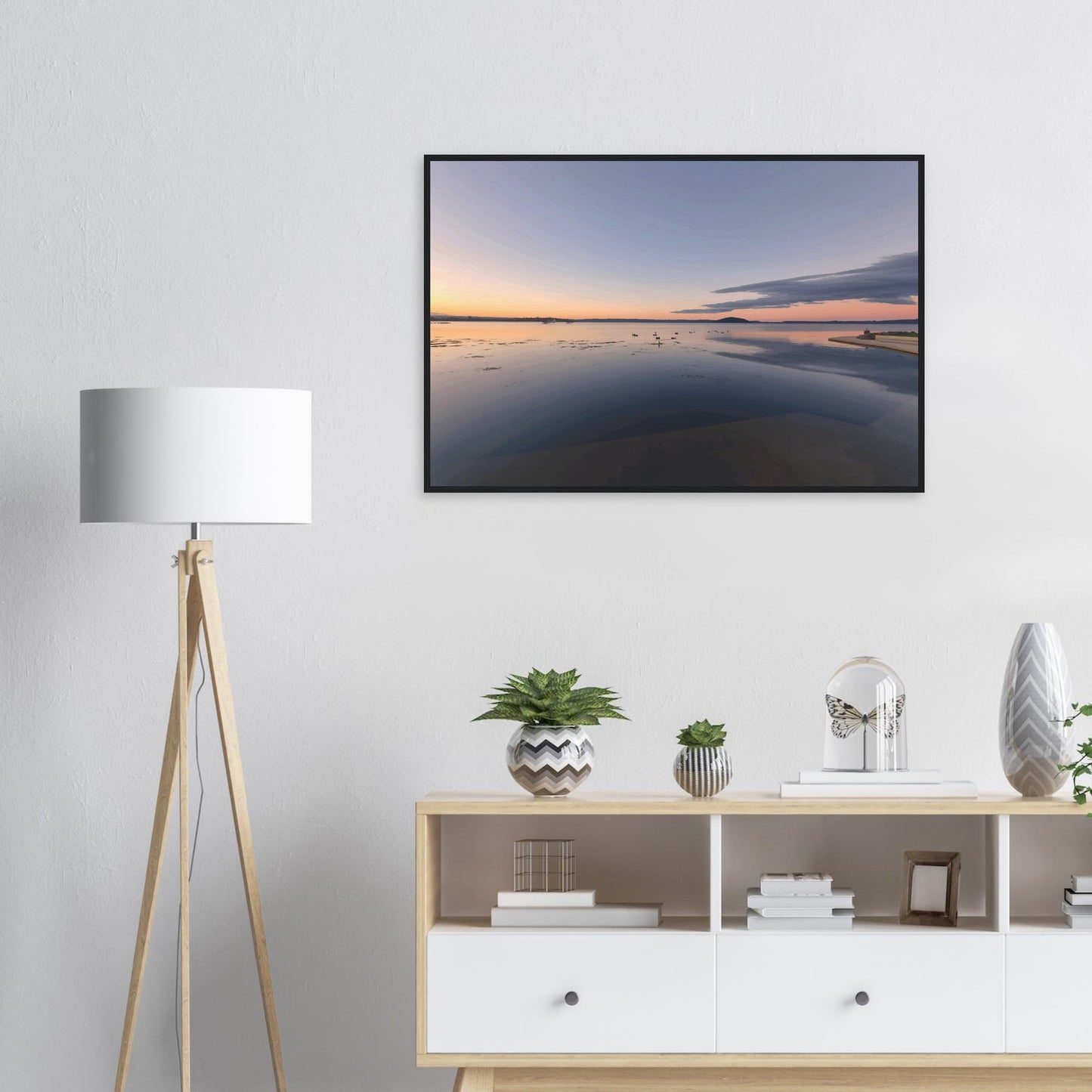 Peaceful Lake Rotorua at sunset with soft pastels, black swans and reflections in Whispers on the Lake by Ben Hart.