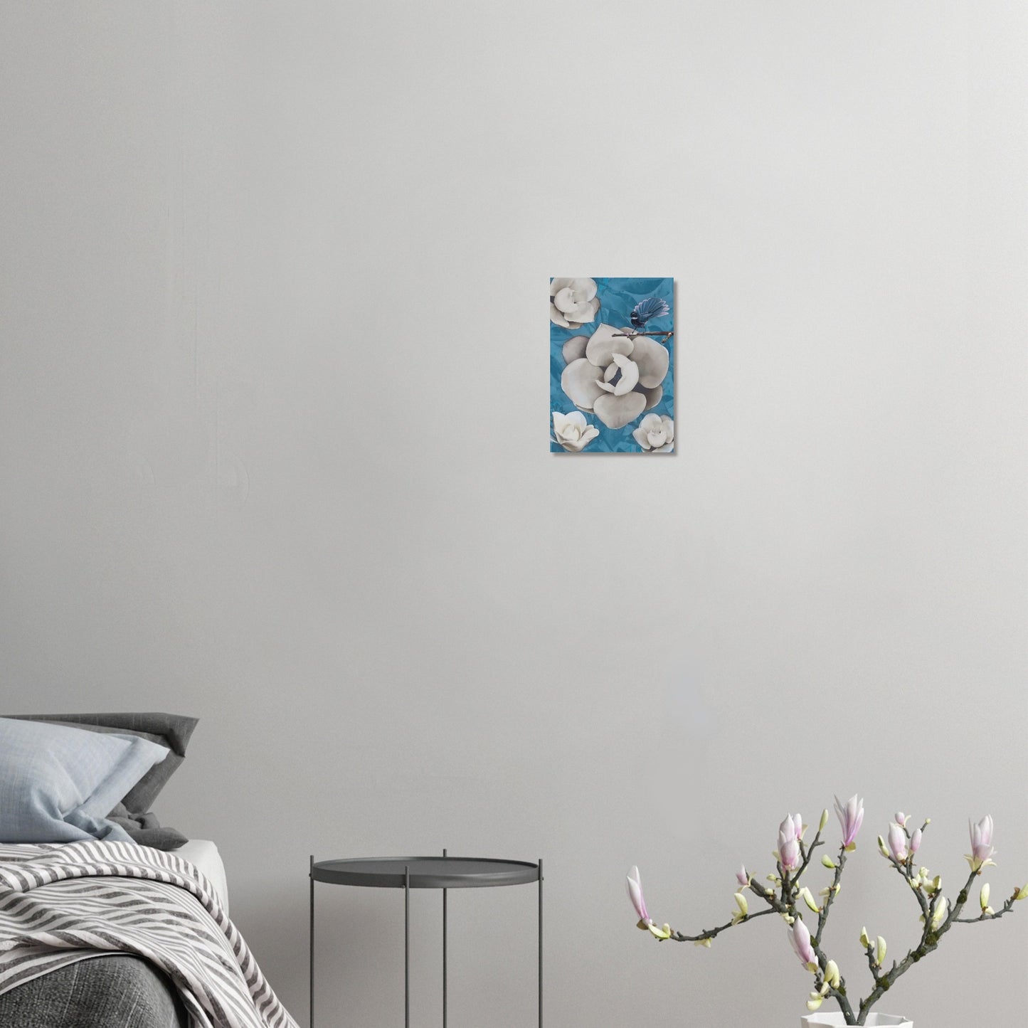 Artwork of a New Zealand pīwakawaka with its tail fanned wide, perched and alert with cool blue tones behind.