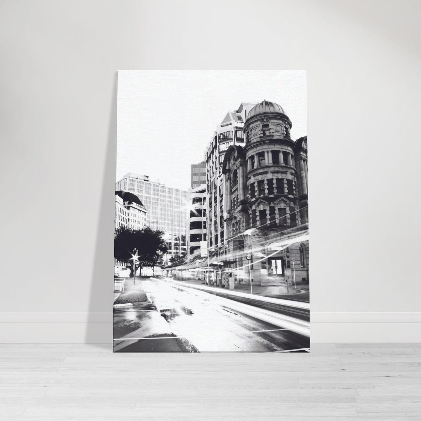 Wellington’s Public Trust Building in bold black and white with city light trails in Public Trust by NZ designer Ben Hart.
