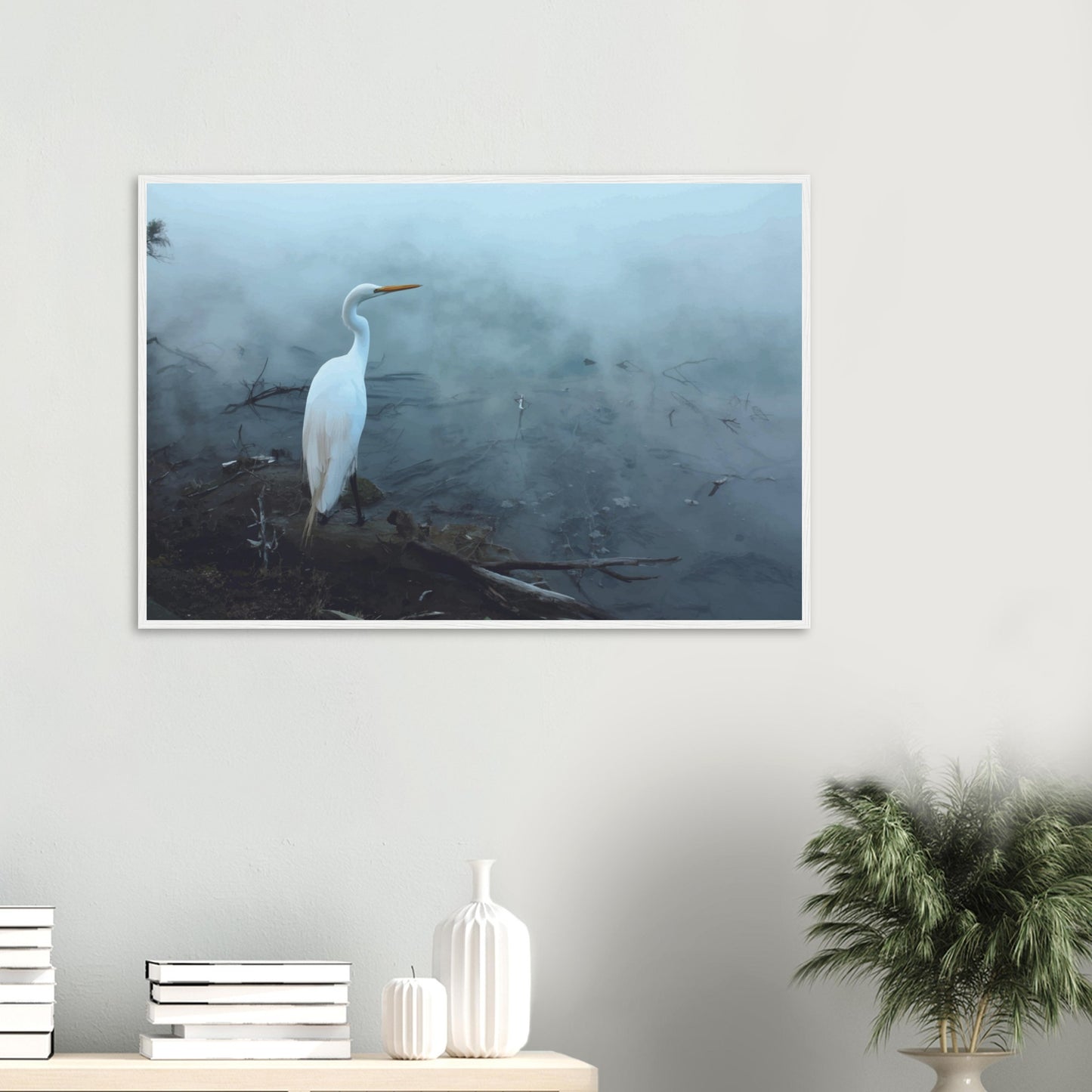 'Grace in the mist' captures the graceful presence of the Kōtuku (white heron) standing still on the edge of a steaming geothermal pool.