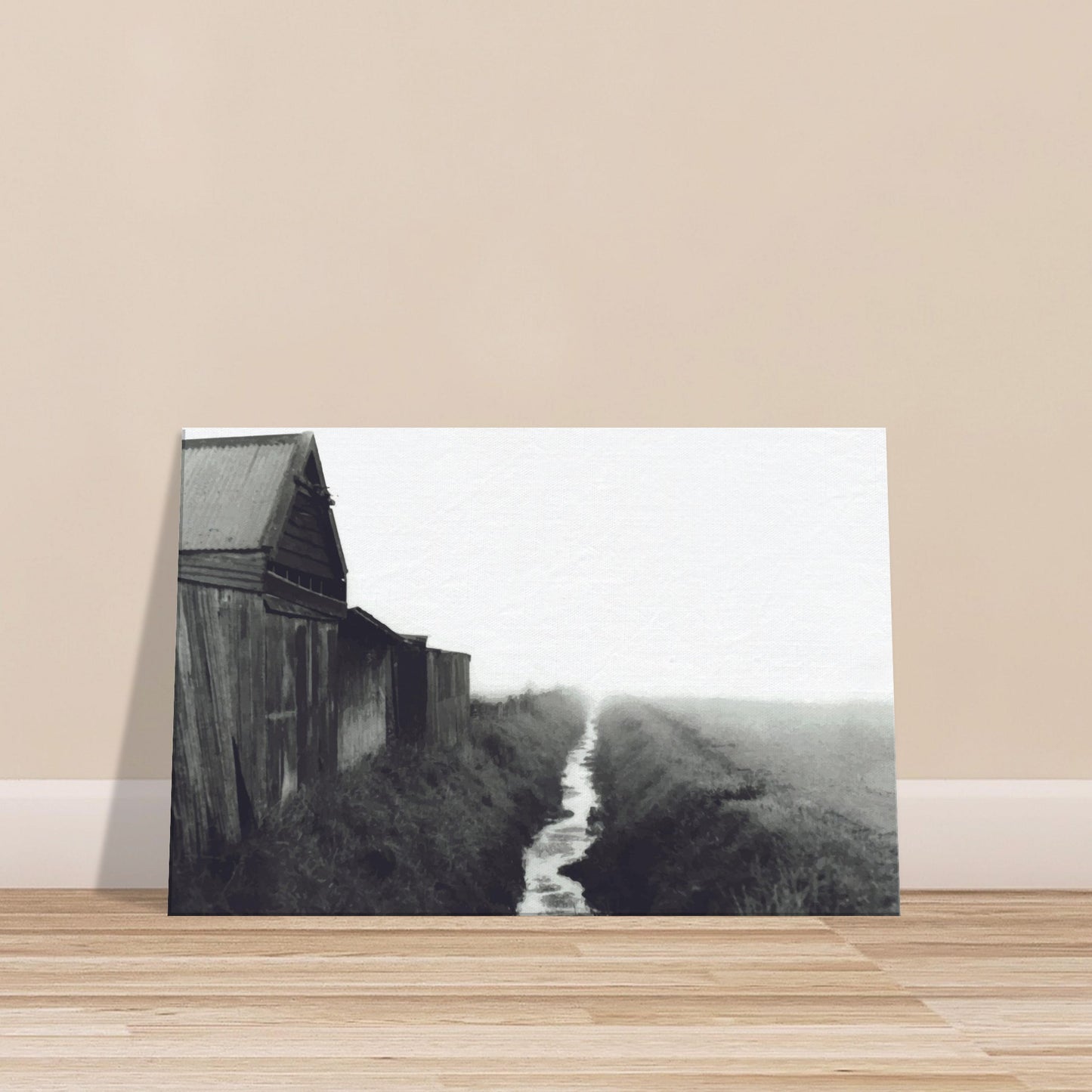 Moody artwork of a rustic barn and misty stream in rural New Zealand, evoking stillness and foggy morning light.