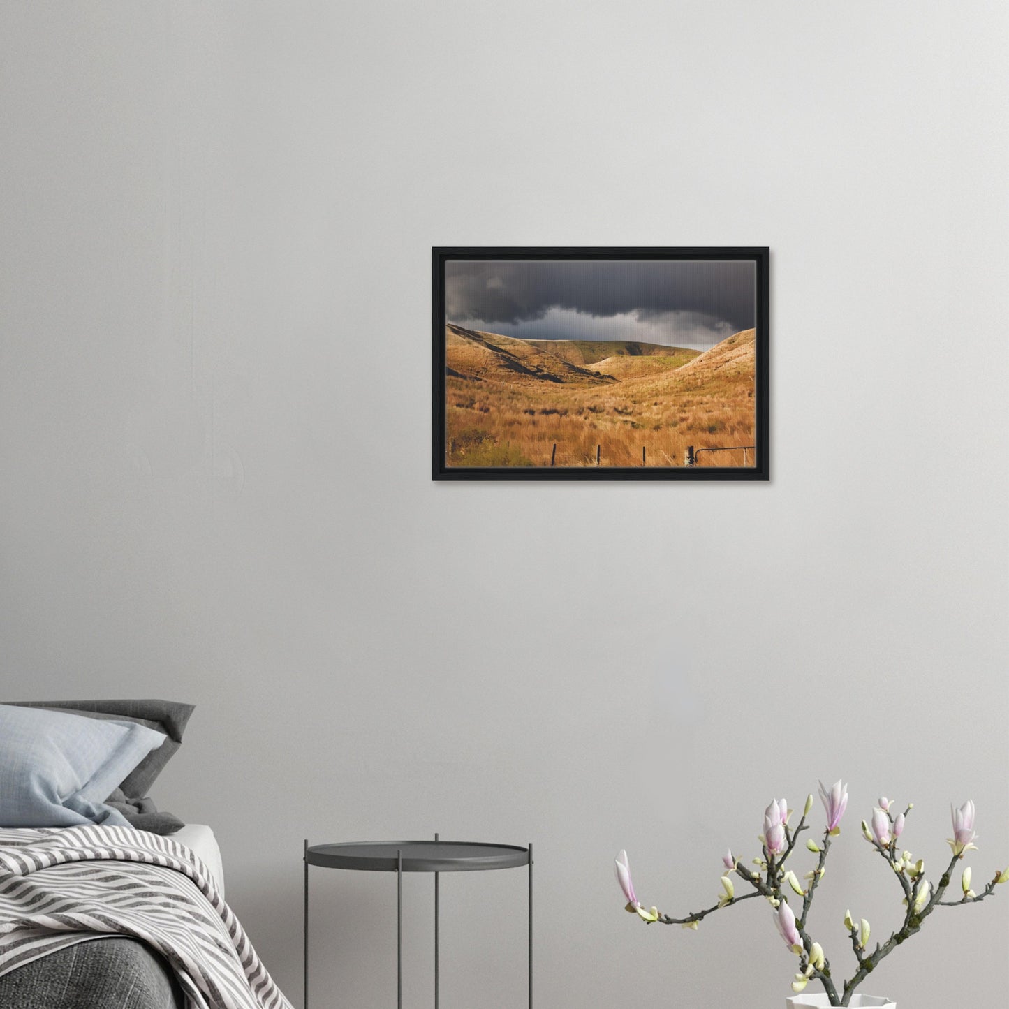 Golden Hawke’s Bay hills beneath dark clouds in a nostalgic NZ landscape artwork titled Trip Home by Ben Hart.