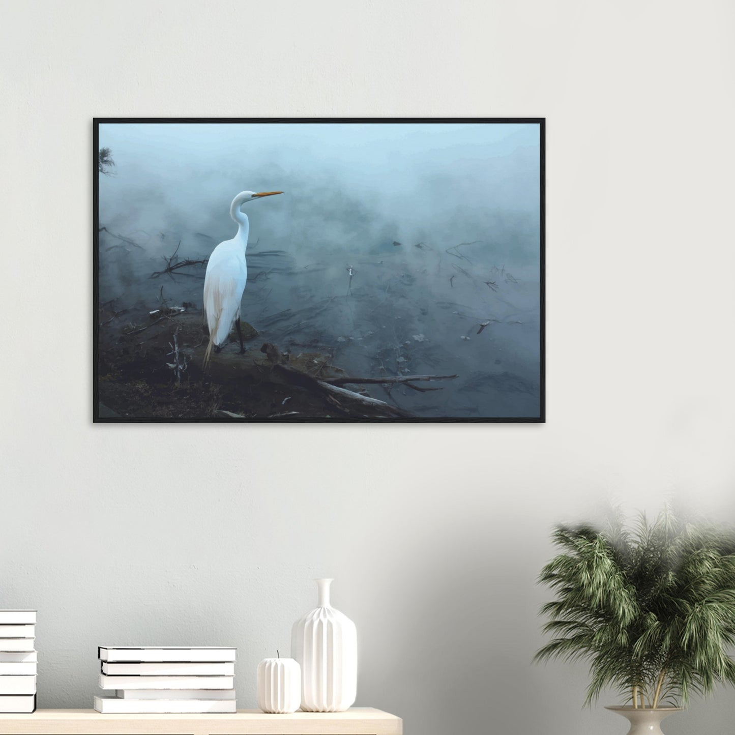 'Grace in the mist' captures the graceful presence of the Kōtuku (white heron) standing still on the edge of a steaming geothermal pool.
