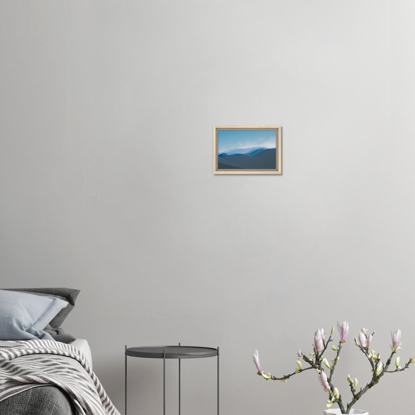 Soft, layered silhouettes of misty blue mountains against a calming sky, this piece captures the peaceful essence of nature.