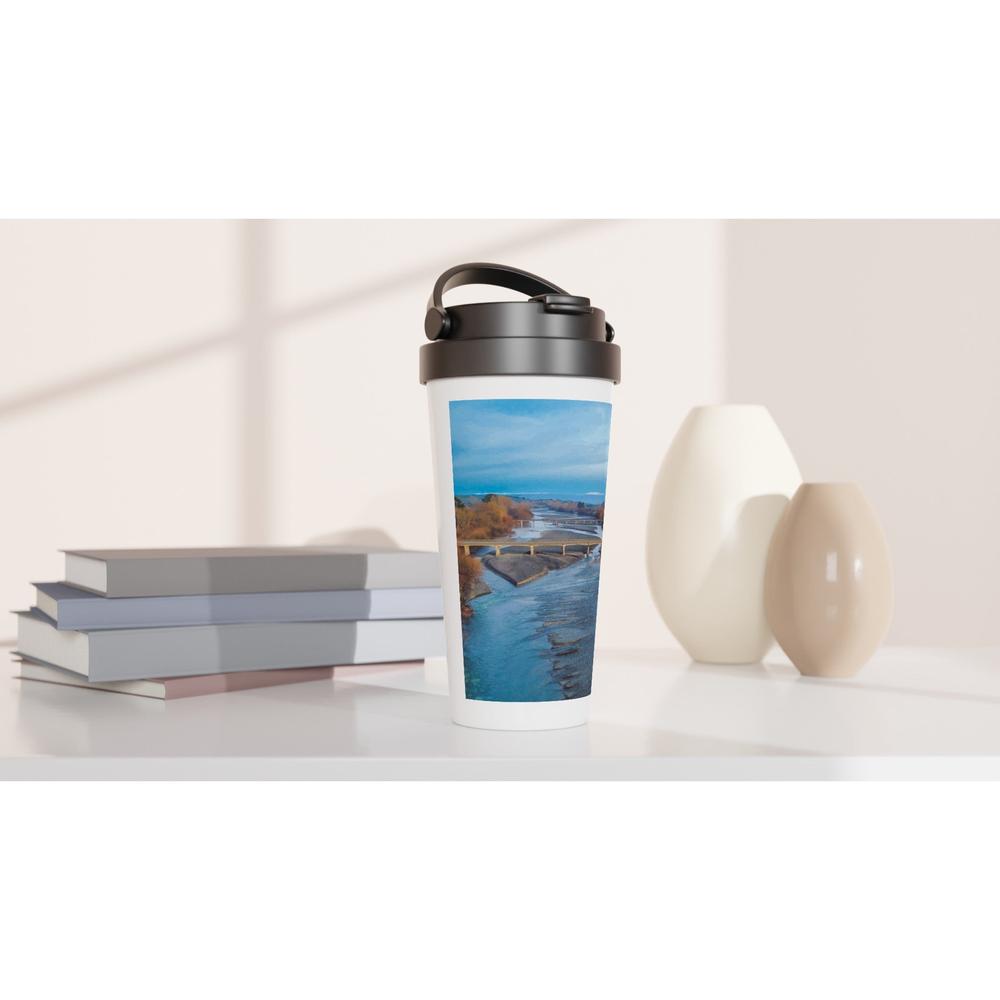 Designer stainless steel travel mug with artwork by NZ designer