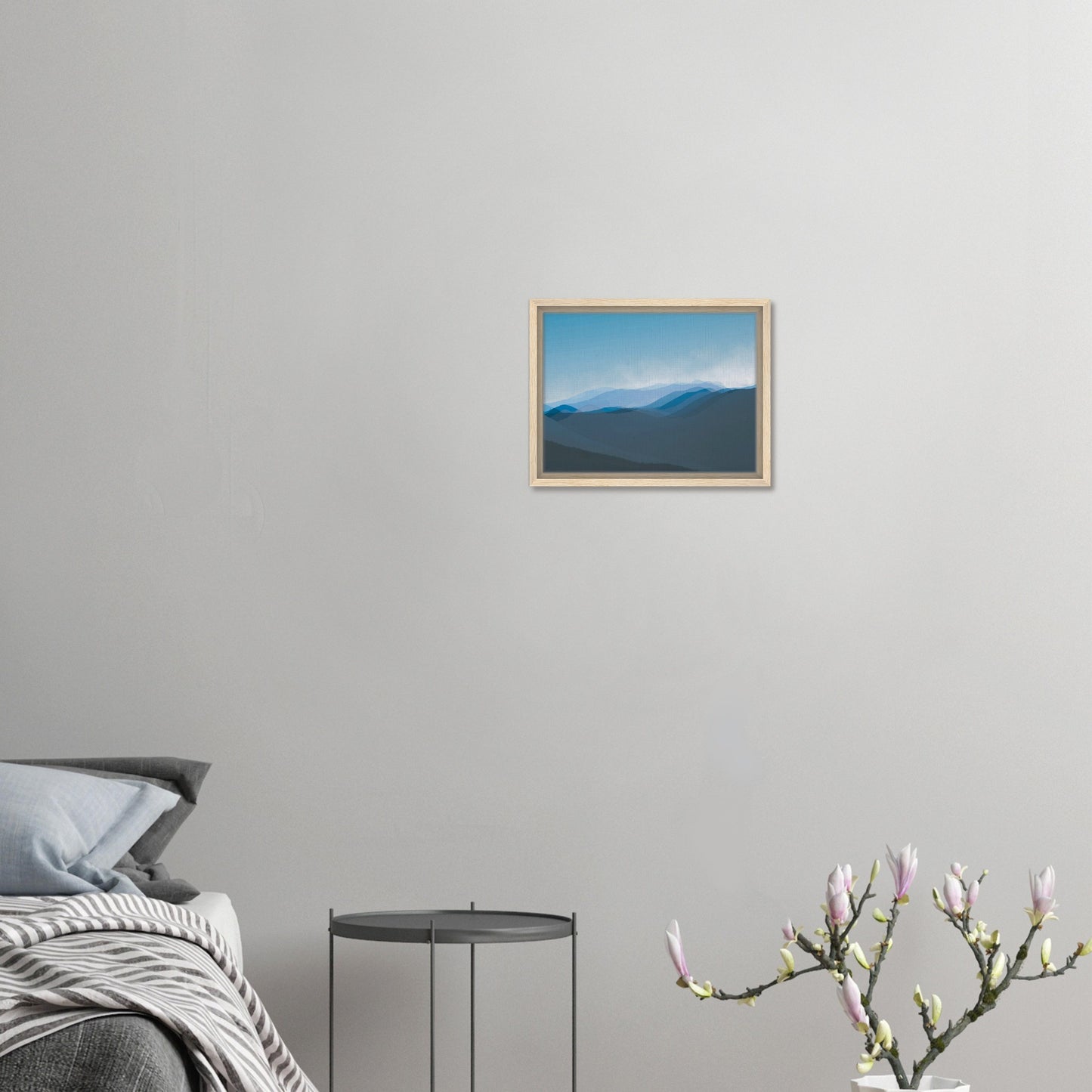 Soft, layered silhouettes of misty blue mountains against a calming sky, this piece captures the peaceful essence of nature.