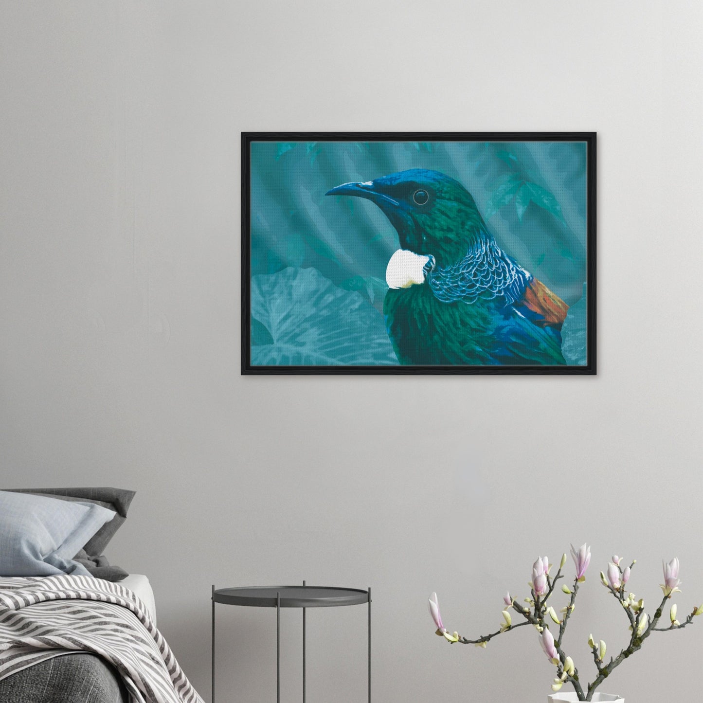 With rich teal and emerald hues and the tūī’s signature white throat tufts, the artwork evokes the dappled light of the forest and the bird’s melodic presence among the trees.