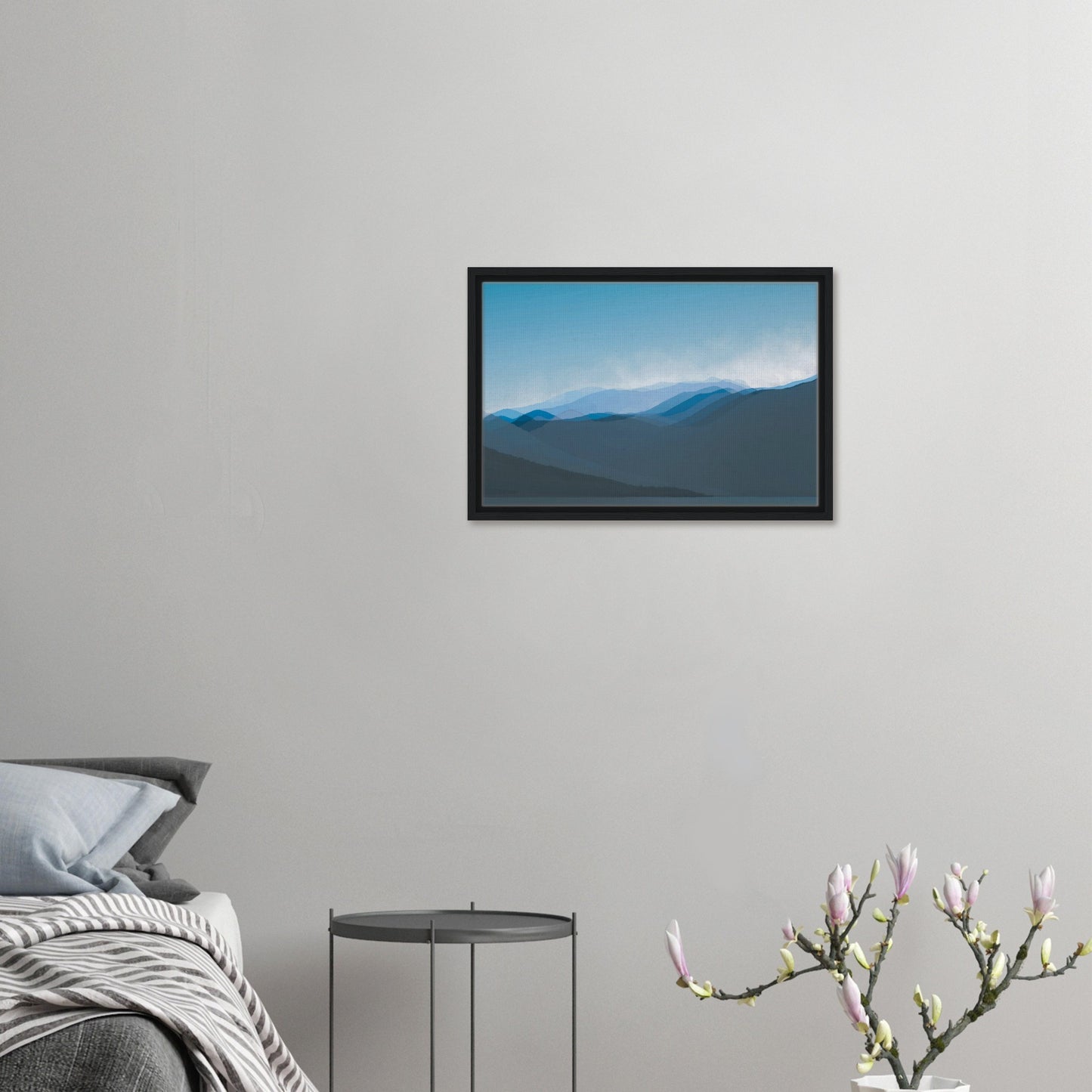 Soft, layered silhouettes of misty blue mountains against a calming sky, this piece captures the peaceful essence of nature.