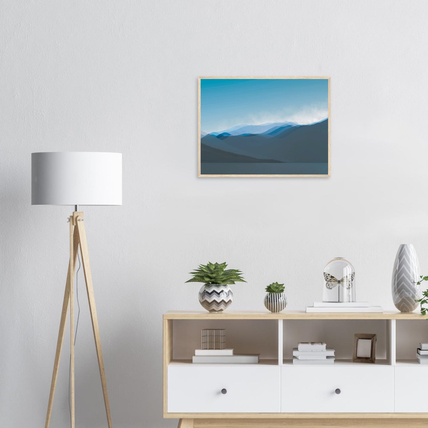 Soft, layered silhouettes of misty blue mountains against a calming sky, this piece captures the peaceful essence of nature