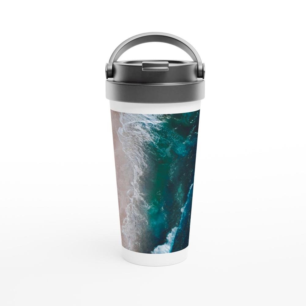 Designer stainless steel travel mug with artwork by NZ designer