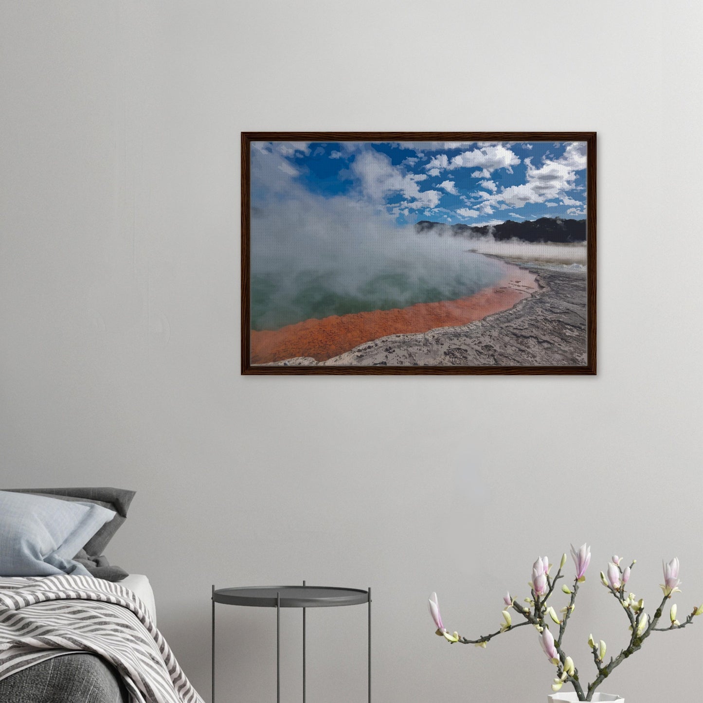 Steaming geothermal pool with bright sky and vivid orange rim in Enchanted Waters by NZ designer Ben Hart.