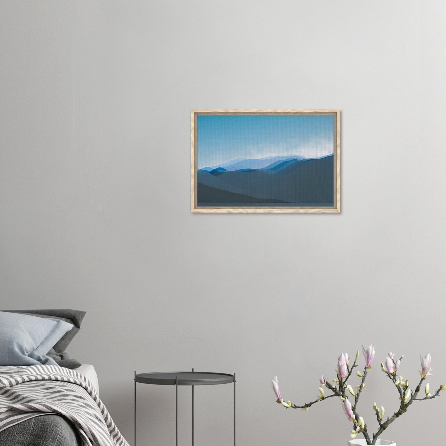 Soft, layered silhouettes of misty blue mountains against a calming sky, this piece captures the peaceful essence of nature.