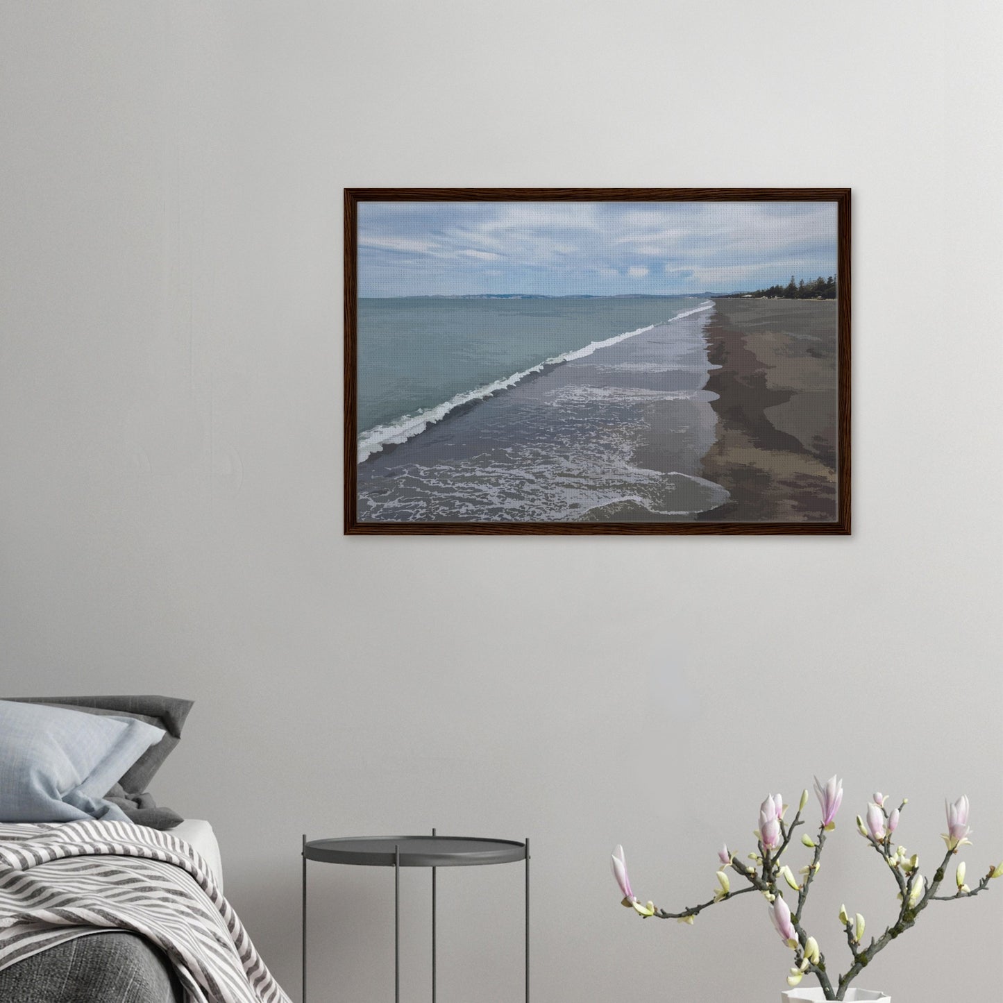 Gentle waves roll onto the dark sand, stretching endlessly into the distance under a softly clouded sky. Hints of pine trees and distant land complete the scene