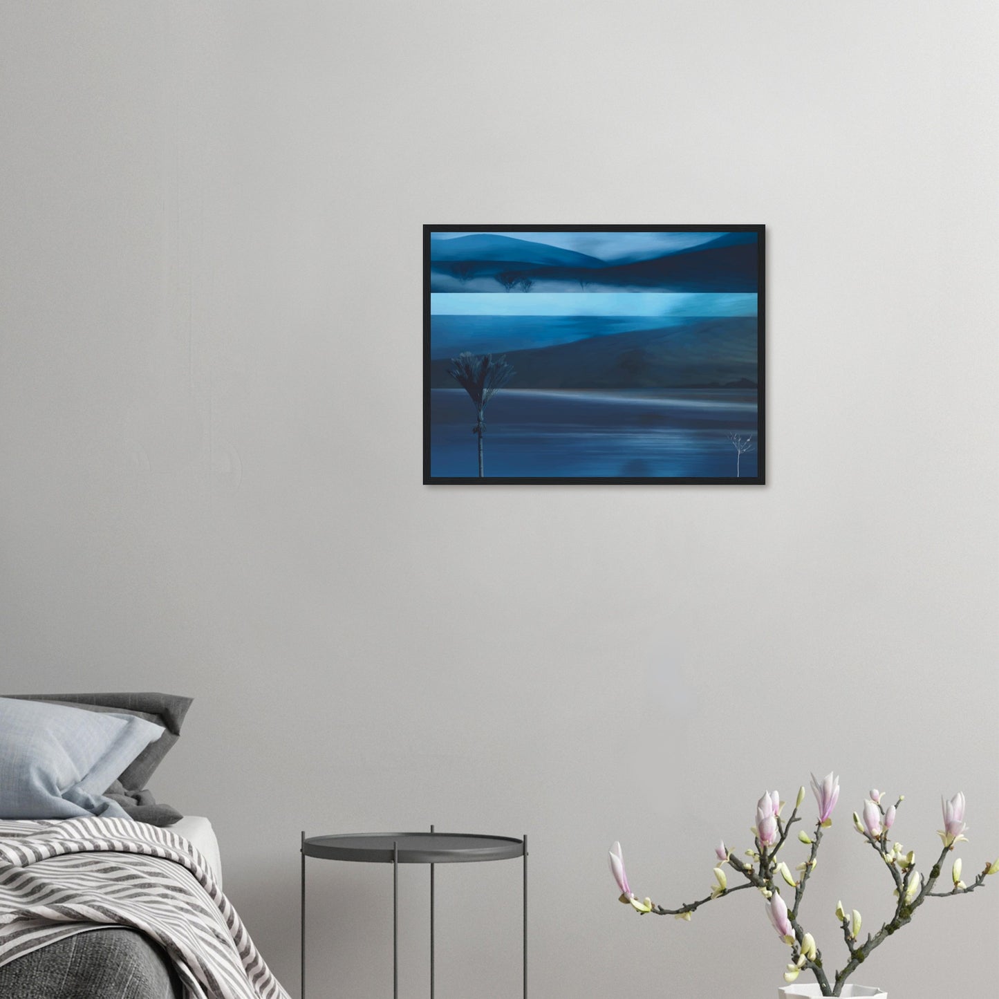 Layered blue seascape artwork with dark hills, water, and horizon in soft coastal tones.
