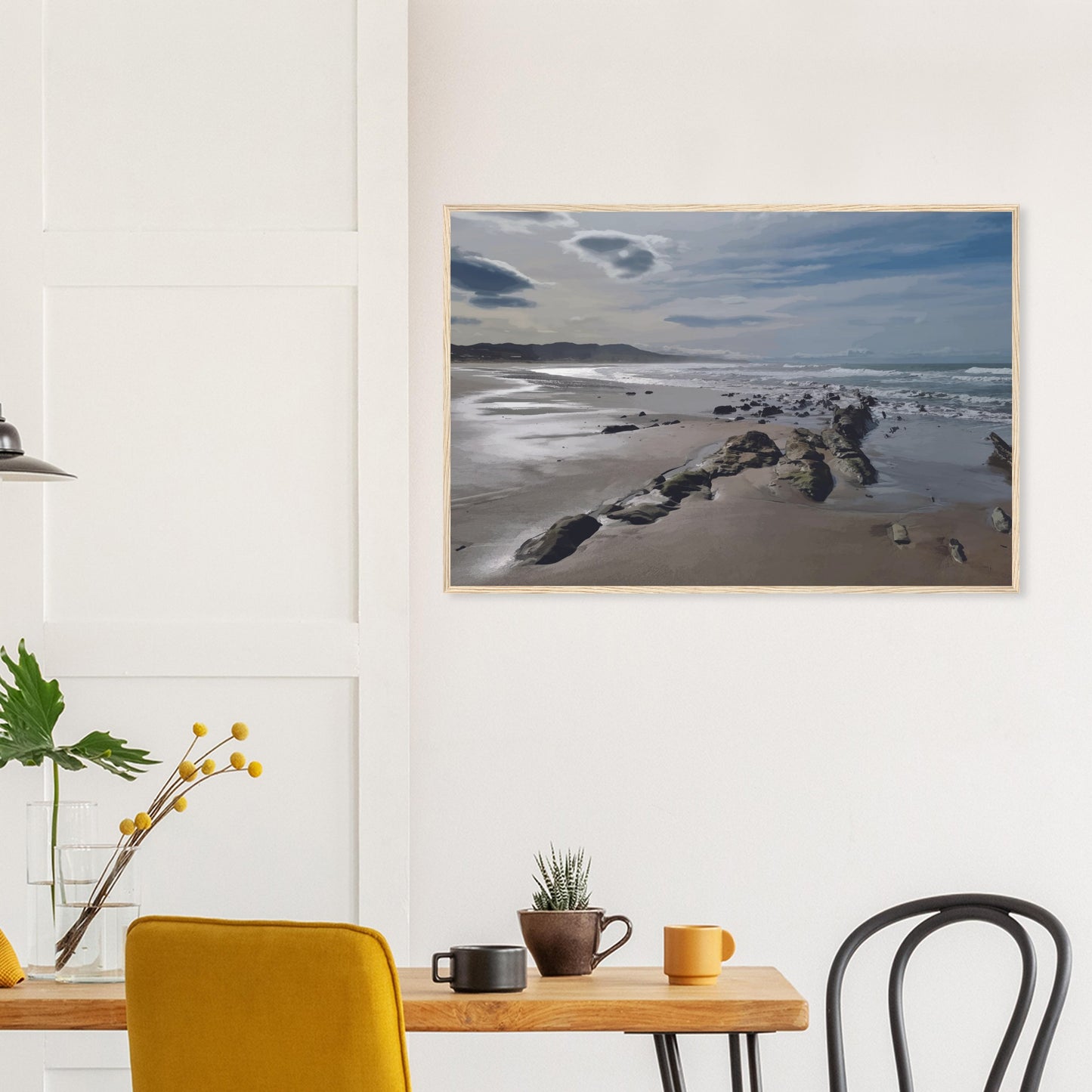 A moody, windswept beach and a line of sea-weathered rocks stretching into the distance, this artwork captures the raw, untouched feel of a wild shoreline.