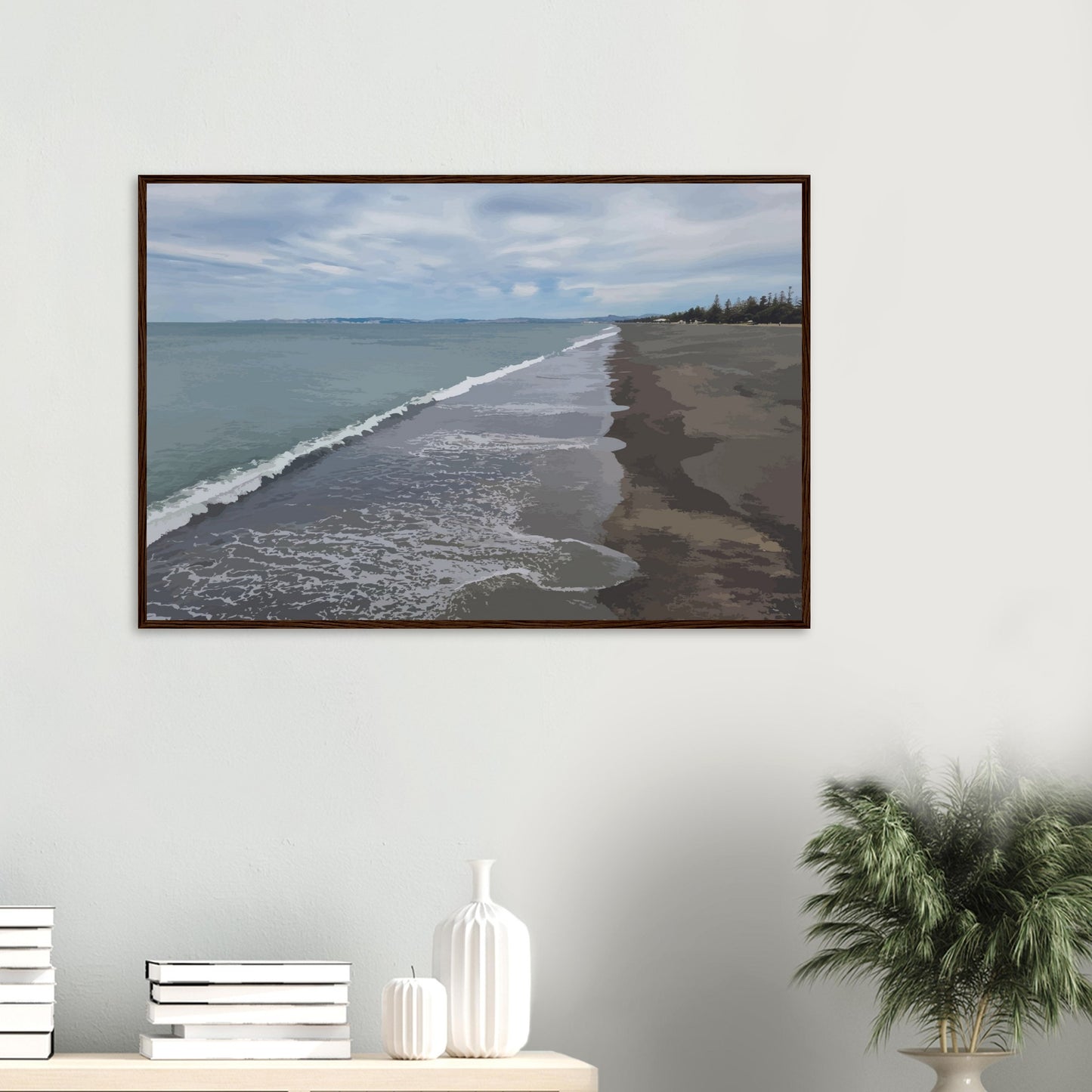 Gentle waves roll onto the dark sand, stretching endlessly into the distance under a softly clouded sky. Hints of pine trees and distant land complete the scene