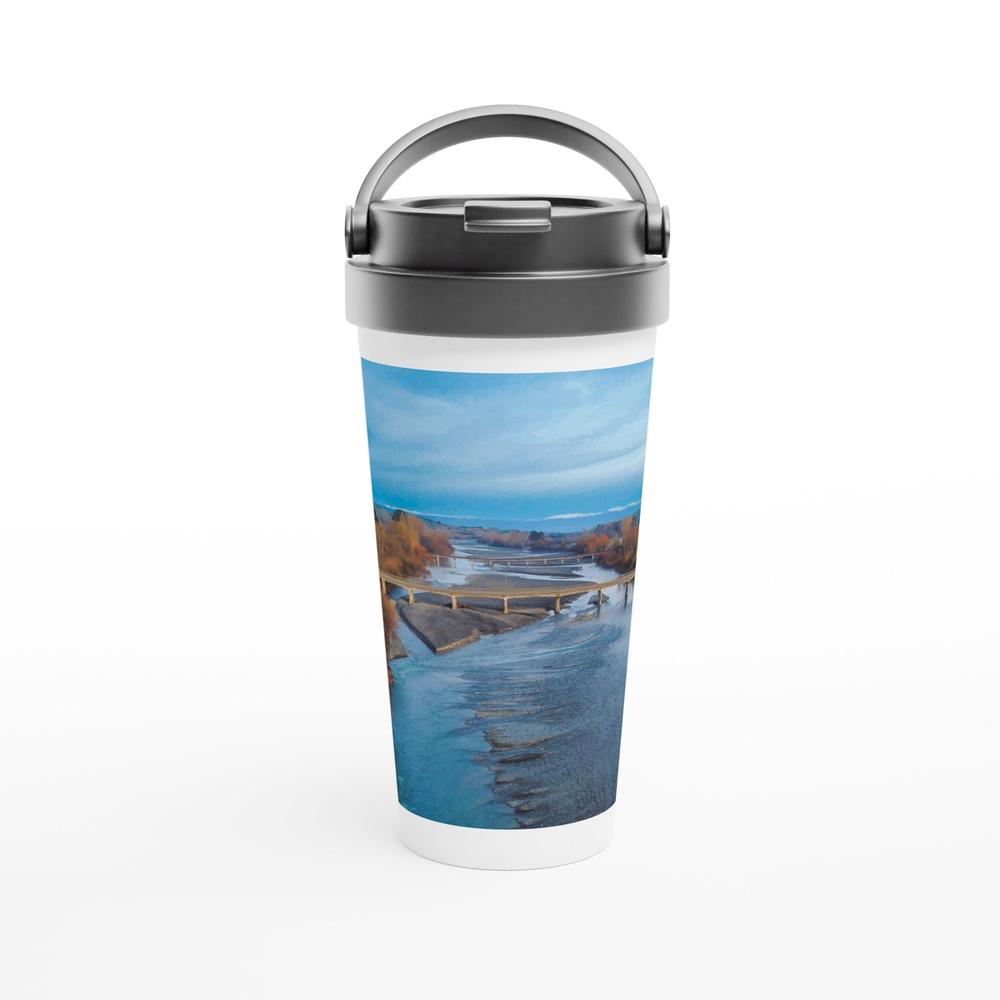Designer stainless steel travel mug with artwork by NZ designer