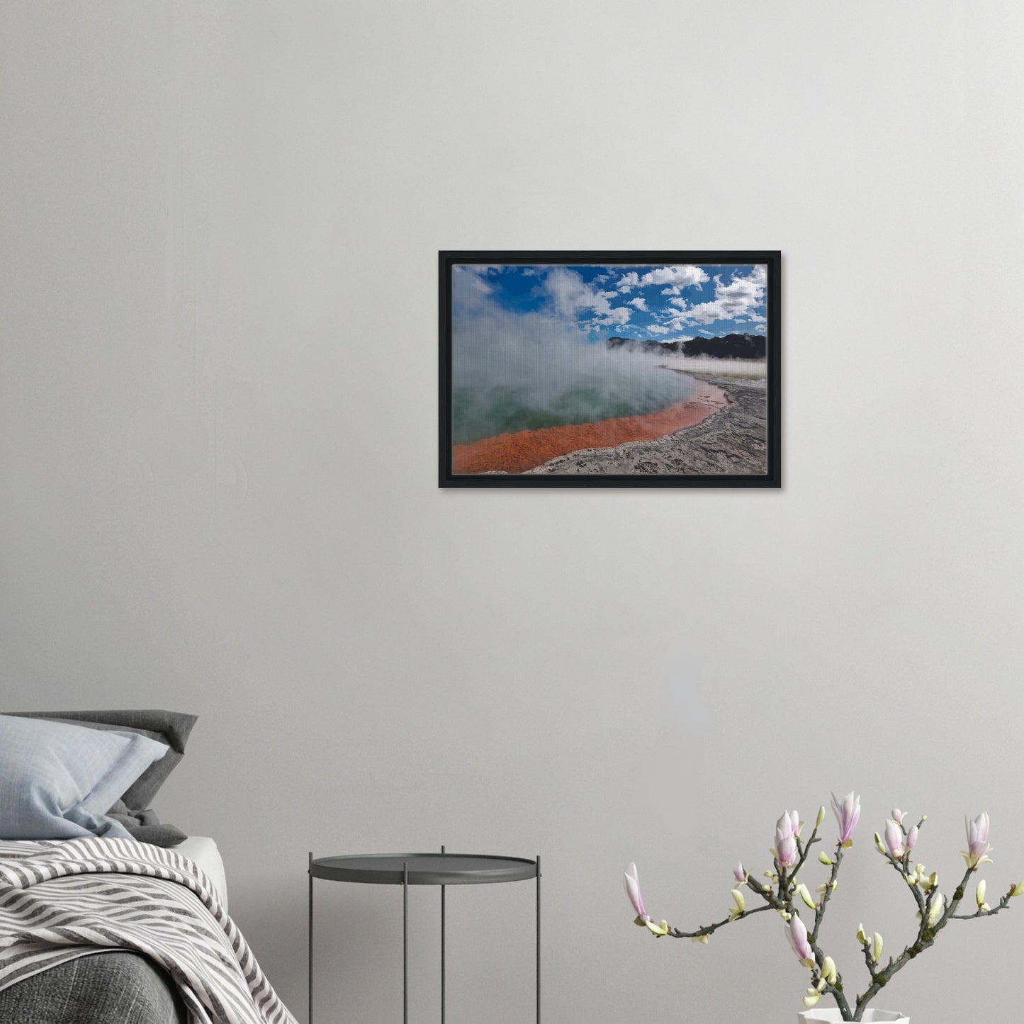 Steaming geothermal pool with bright sky and vivid orange rim in Enchanted Waters by NZ designer Ben Hart.