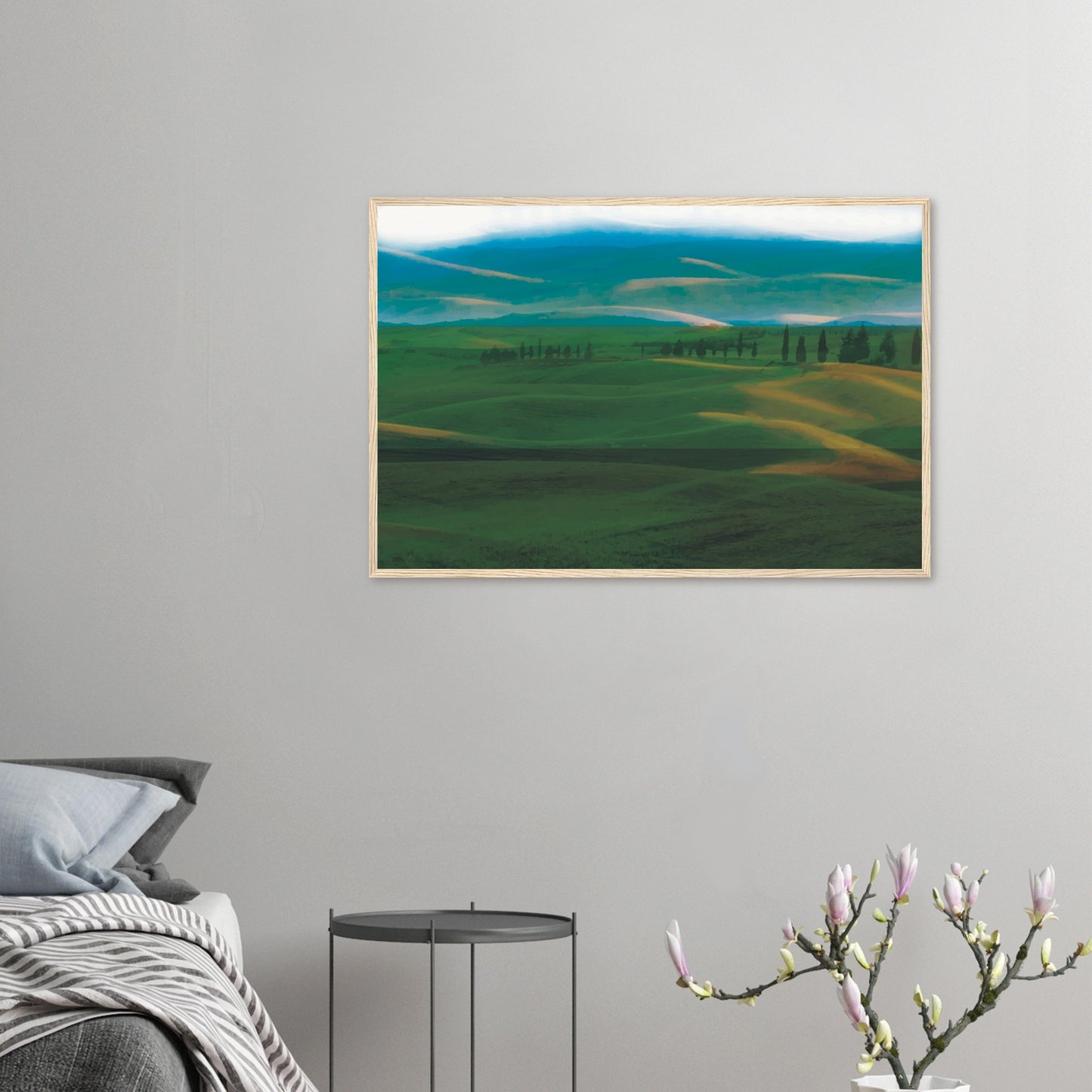 Artwork of rolling green hills and tall trees in soft golden light, evoking calm and quiet.
