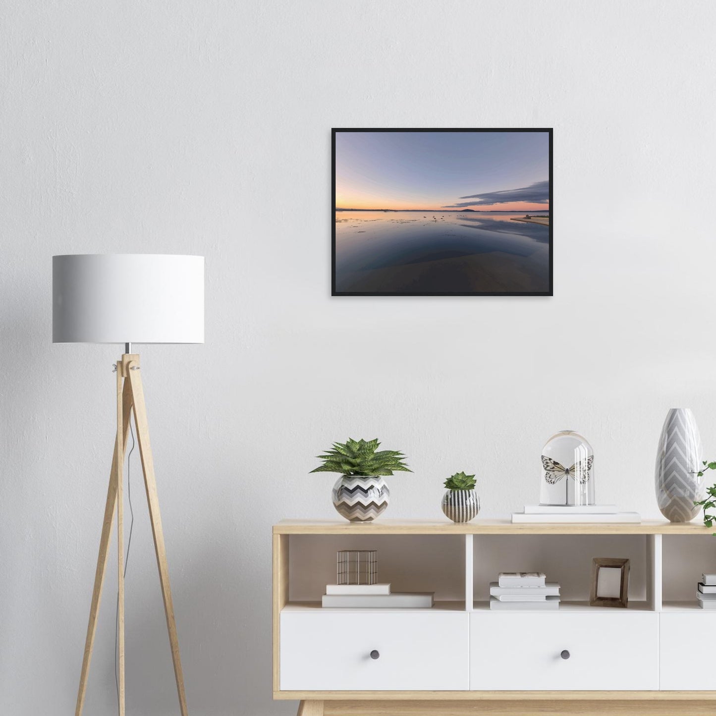 Peaceful Lake Rotorua at sunset with soft pastels, black swans and reflections in Whispers on the Lake by Ben Hart.