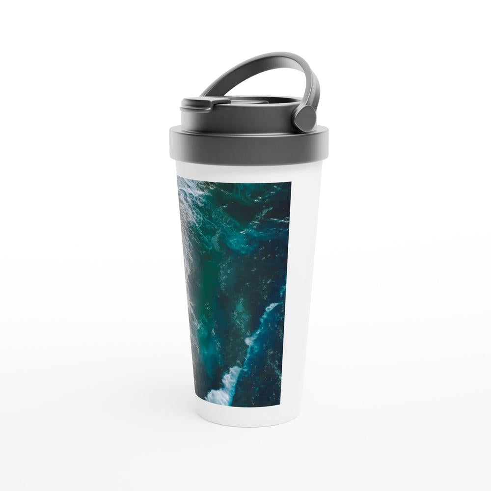 Designer stainless steel travel mug with artwork by NZ designer
