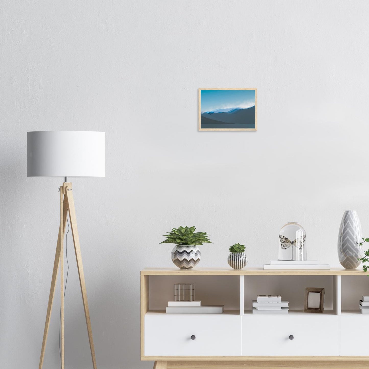 Soft, layered silhouettes of misty blue mountains against a calming sky, this piece captures the peaceful essence of nature