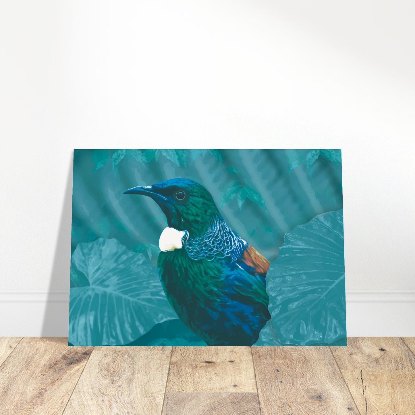 With rich teal and emerald hues and the tūī’s signature white throat tufts, the artwork evokes the dappled light of the forest and the bird’s melodic presence among the trees.
