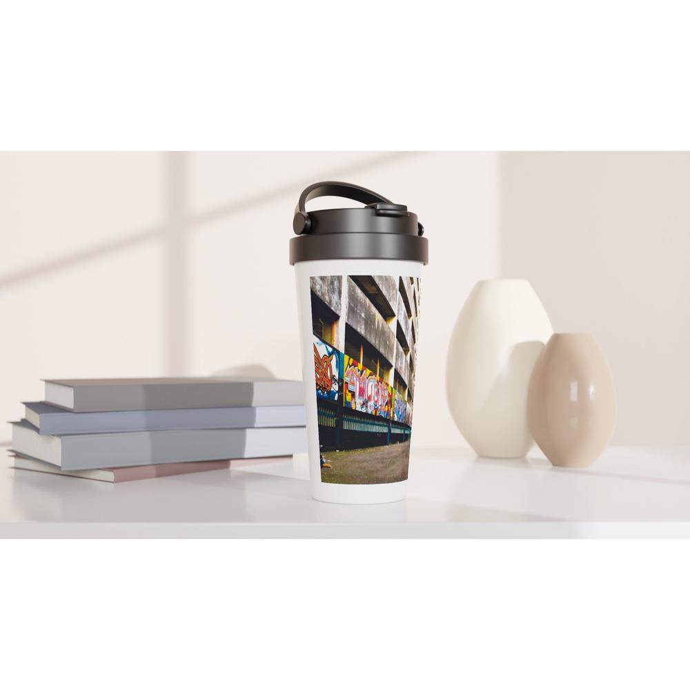Designer stainless steel travel mug with artwork by NZ designer
