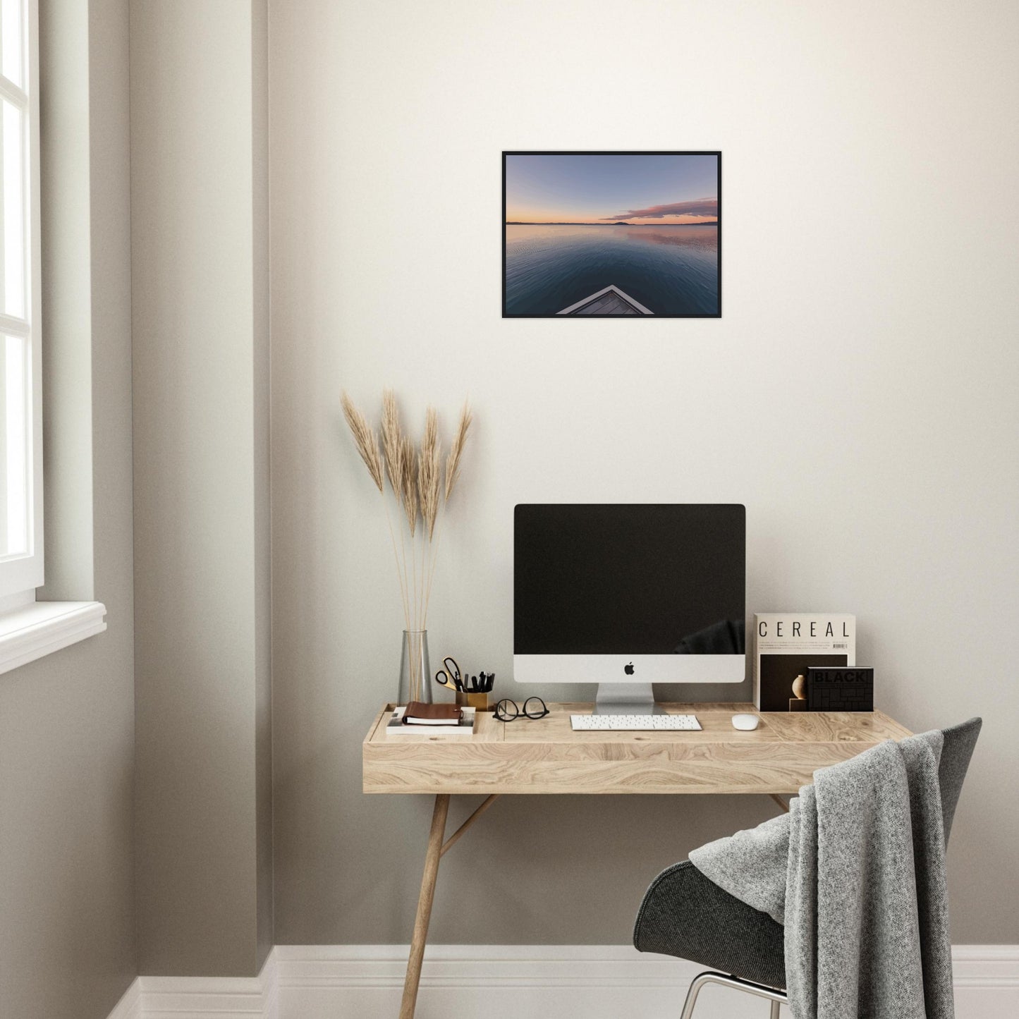 View from jetty over calm Lake Rotorua at sunset in the peaceful artwork Edge of Stillness by NZ designer Ben Hart.