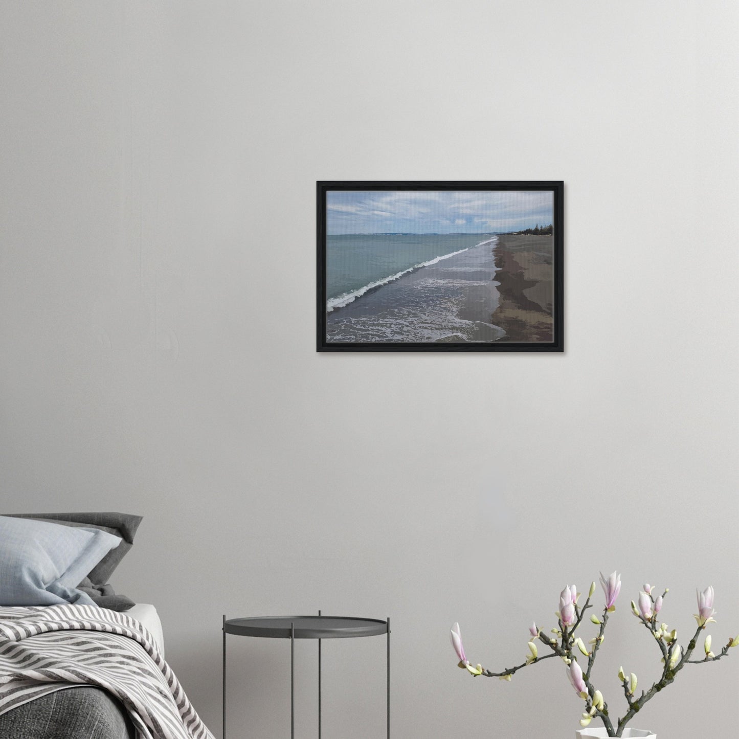 Gentle waves roll onto the dark sand, stretching endlessly into the distance under a softly clouded sky. Hints of pine trees and distant land complete the scene
