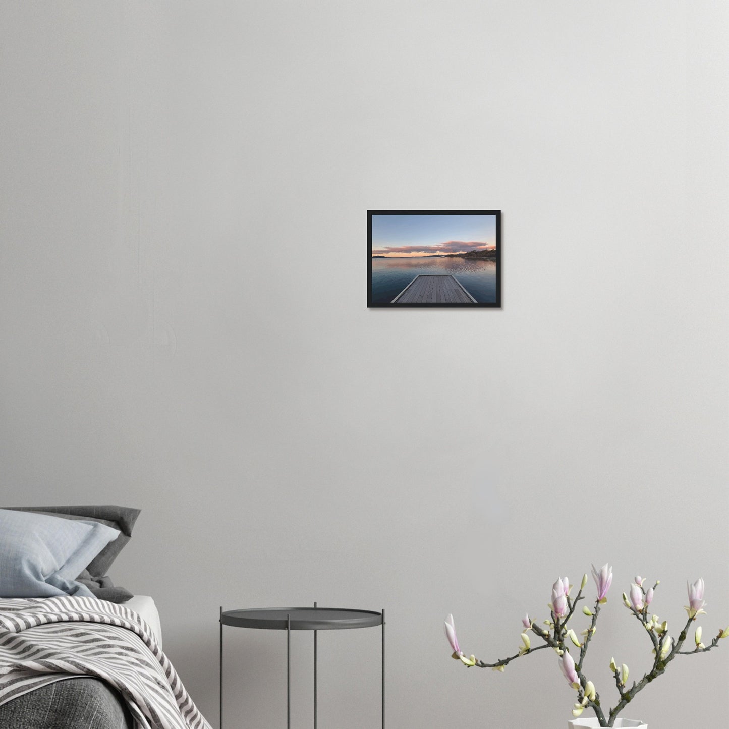 Jetty over Lake Rotorua at dusk with soft clouds and reflections in Echoes of the Lake by New Zealand designer Ben Hart.