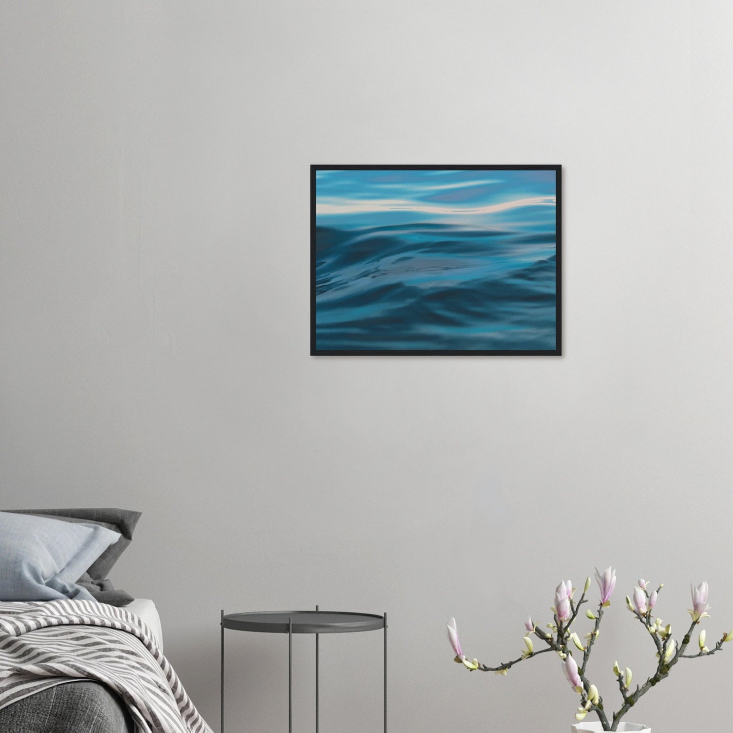 Flowing blue seascape with soft ripple textures and light reflections.