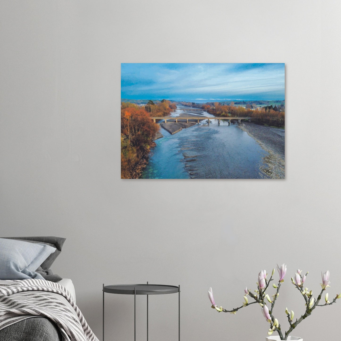 Aerial artwork of bridges crossing the Tuki Tuki River with the Ruahine Ranges in the distance, in cool, calm light.