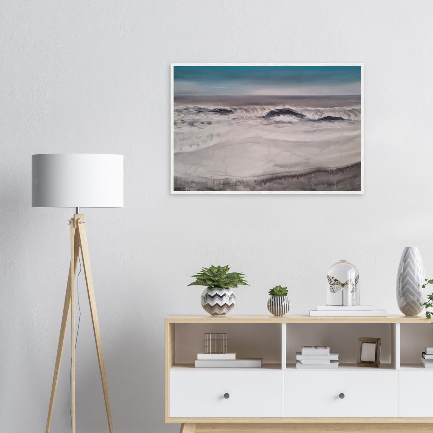 Moody seascape of waves breaking along Marine Parade in Hawke’s Bay, painted in muted greys and blues.