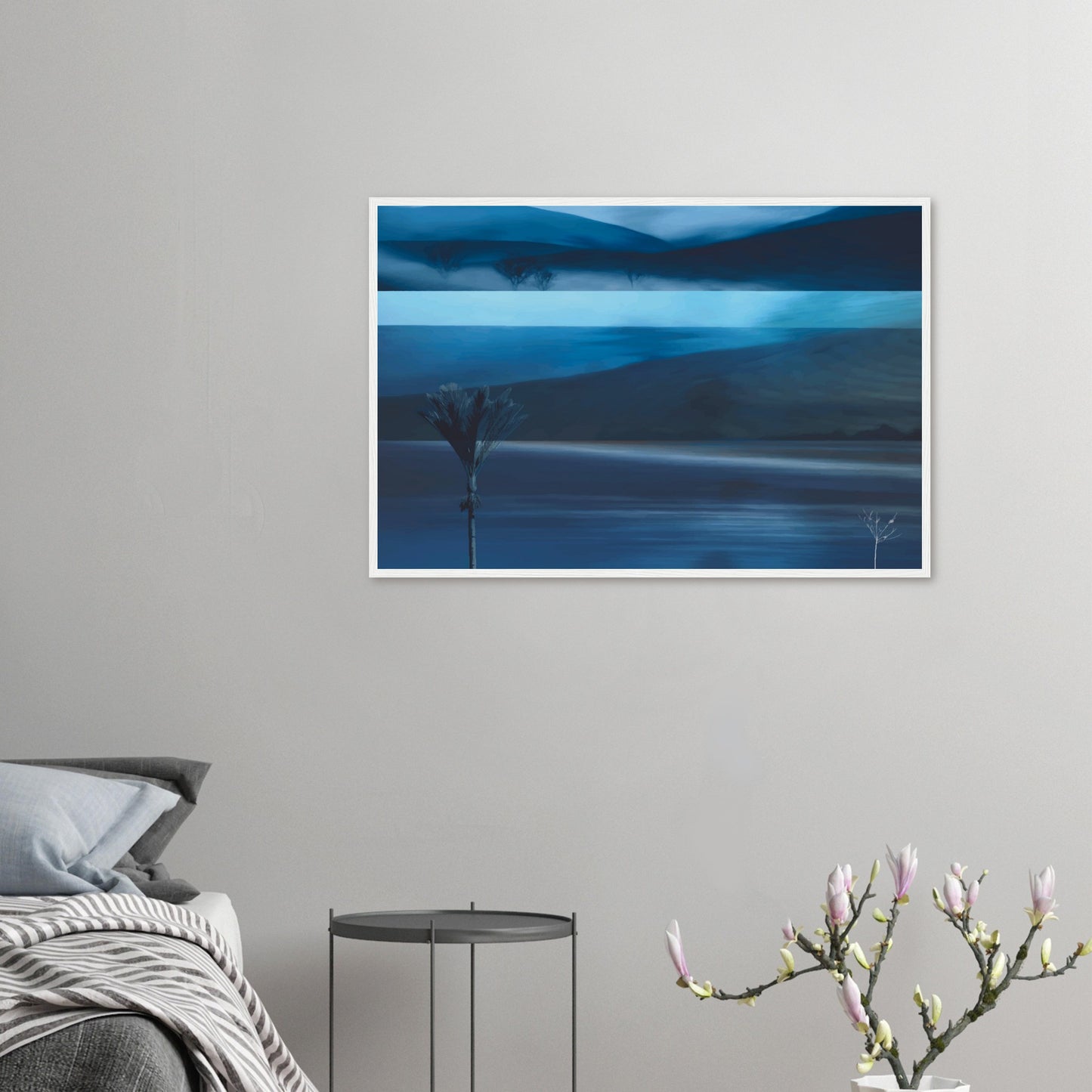 Layered blue seascape artwork with dark hills, water, and horizon in soft coastal tones.